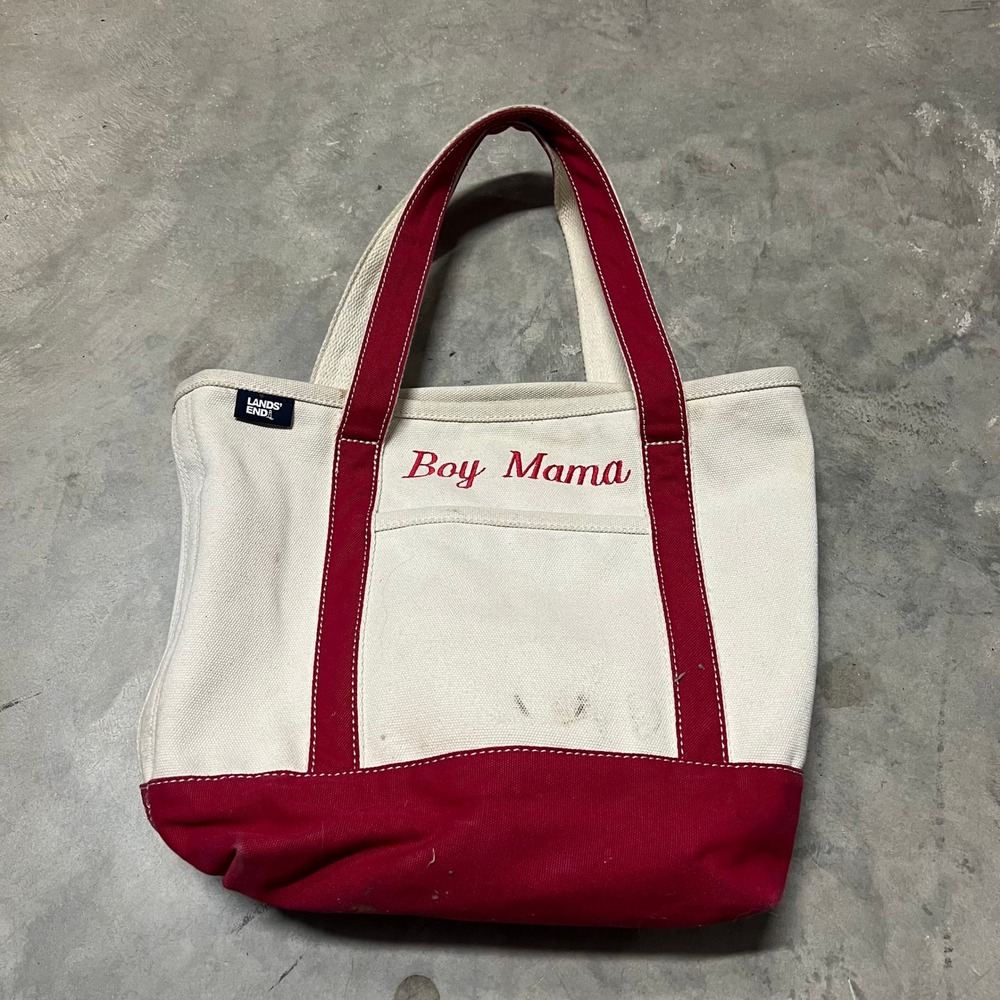 Lands End Boy Mama Canvas Tote Bag Cream Red Embroidered Pocket 15x15